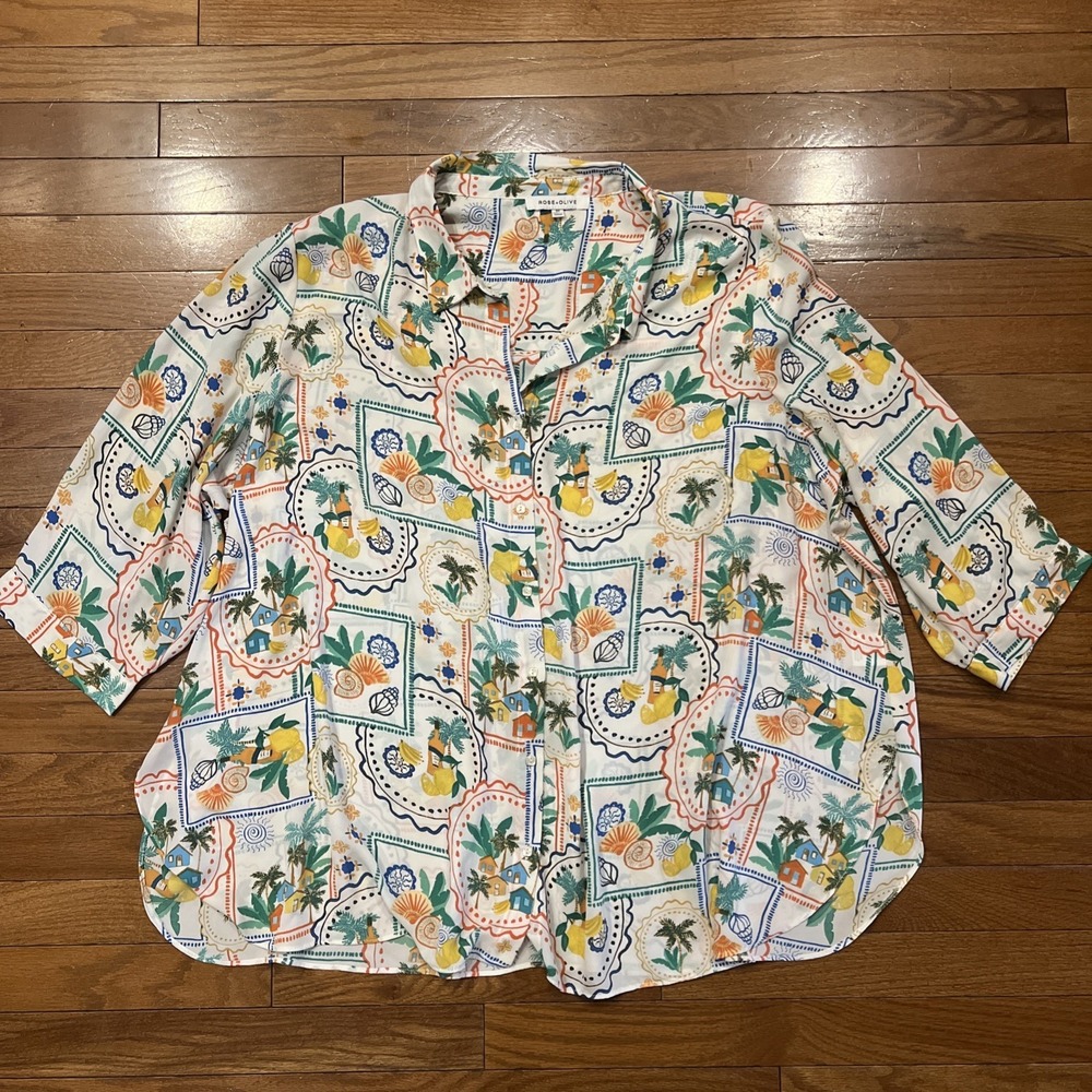 Rose + Olive 3X Tropical Button Front Blouse Amalfi Coast Lemon Print Plus Size